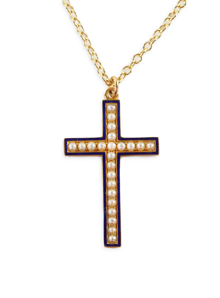 An Edwardian pearl and enamel cross and chain, early 20th century